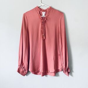 Chicos Top Size M (1) Pink Rose Satin Blouse Ruffle Laced Tie Neck Long Sleeve
